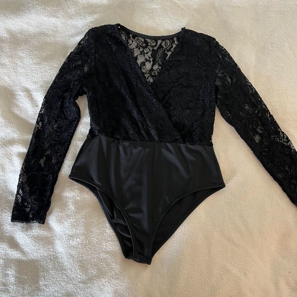 Shein Black Lace Bodysuit Faux Wrap Deep V-Neck, Size L